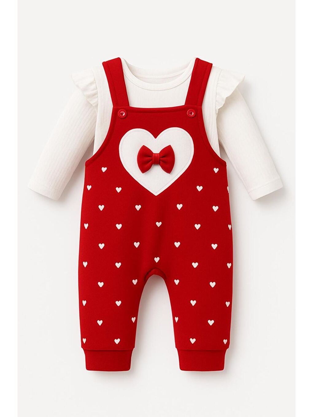 Kırmızı Kız Bebek Kalpli Fiyonk Detaylı Askılı Tulum Takım-4