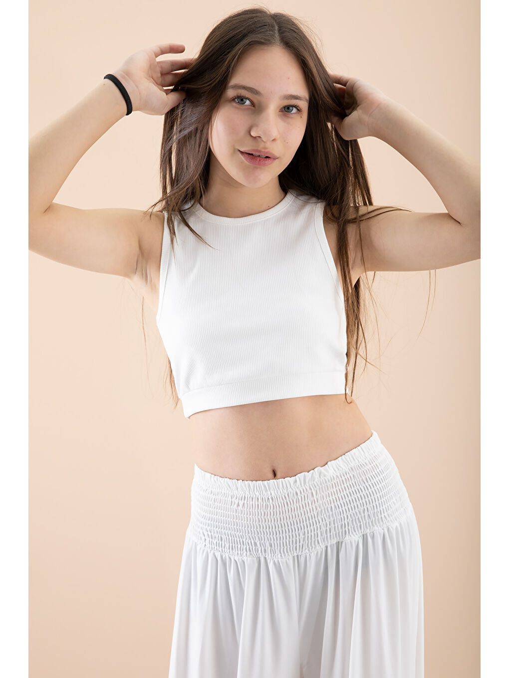 Beyaz Fitilli Croplu Kız Çocuk Geniş Kesim Pantolonlu Takım 20381-3