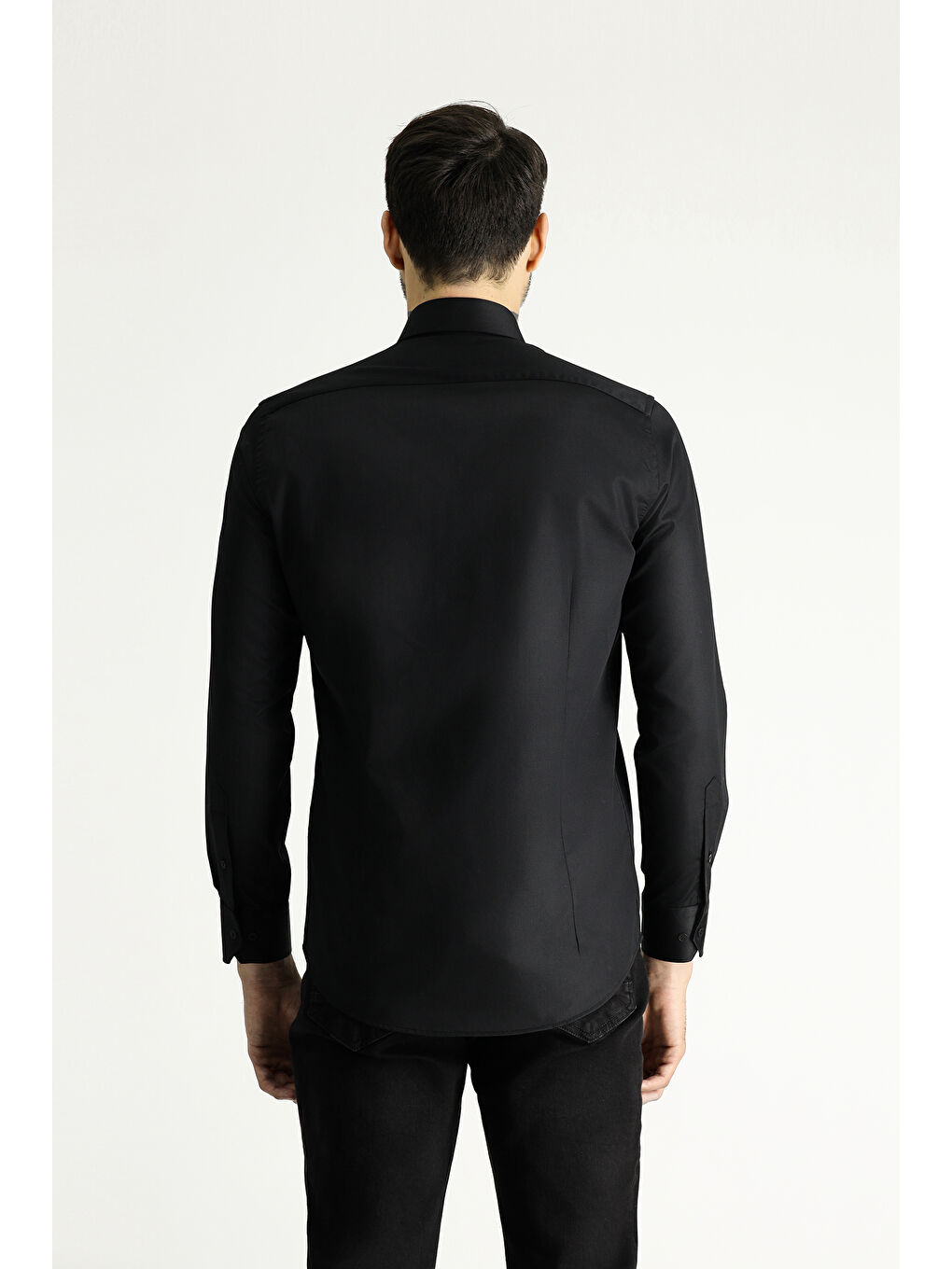 Siyah Uzun Kol Slim Fit Dar Kesim Pamuklu Non Iron Saten Klasik Gömlek-3