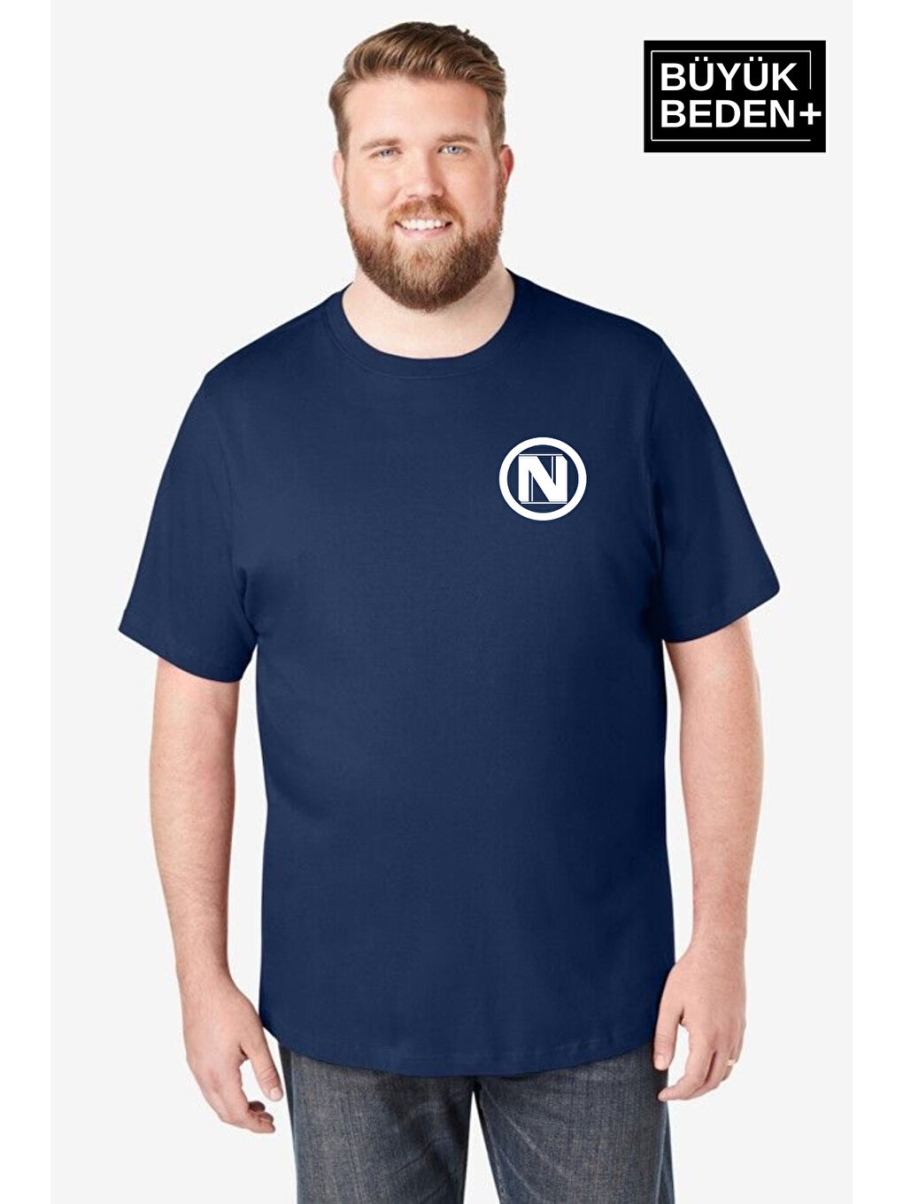 Lacivert Erkek Büyük Beden N Baskılı Bisiklet Yaka Tişört SPR25BTS902