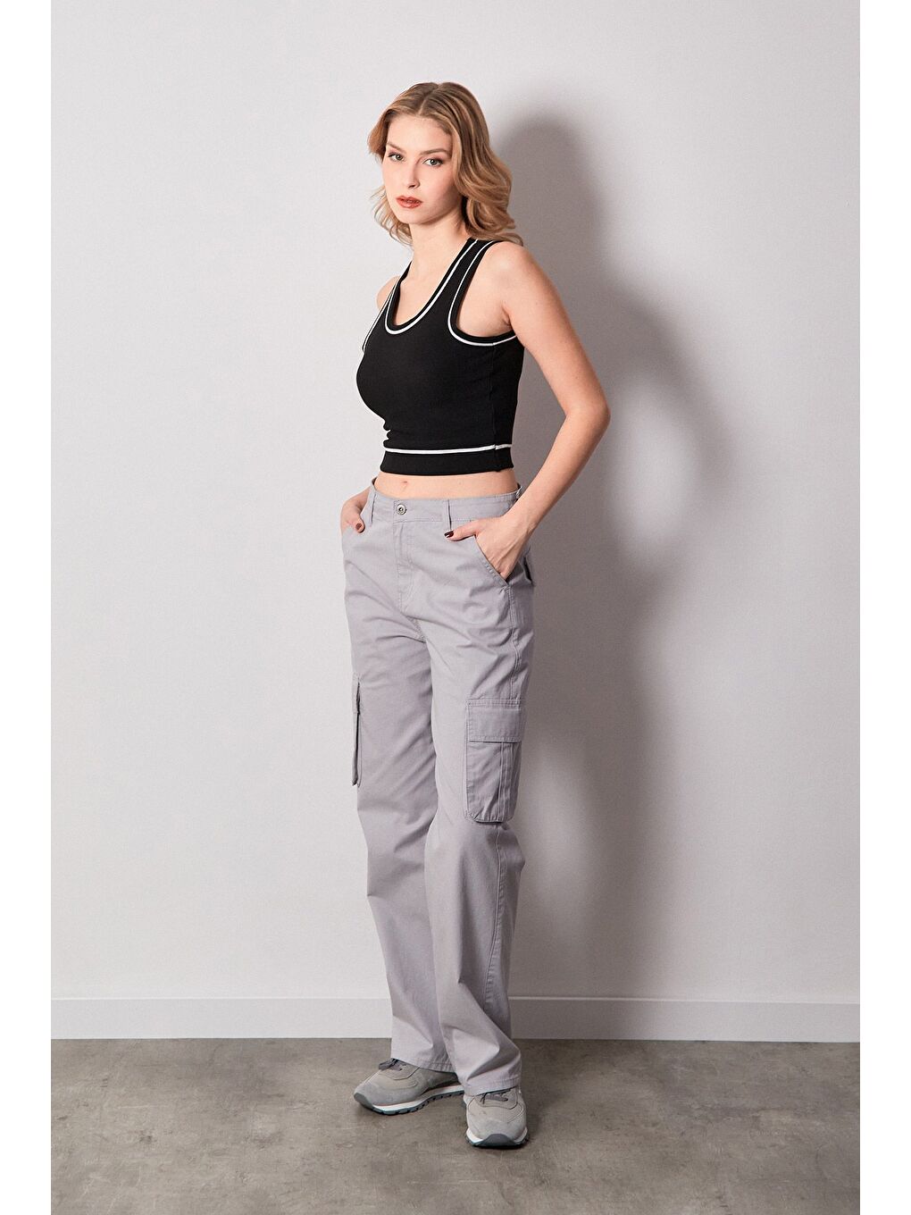 Gri Kargo Cepli Palazzo Gabardin Pantolon