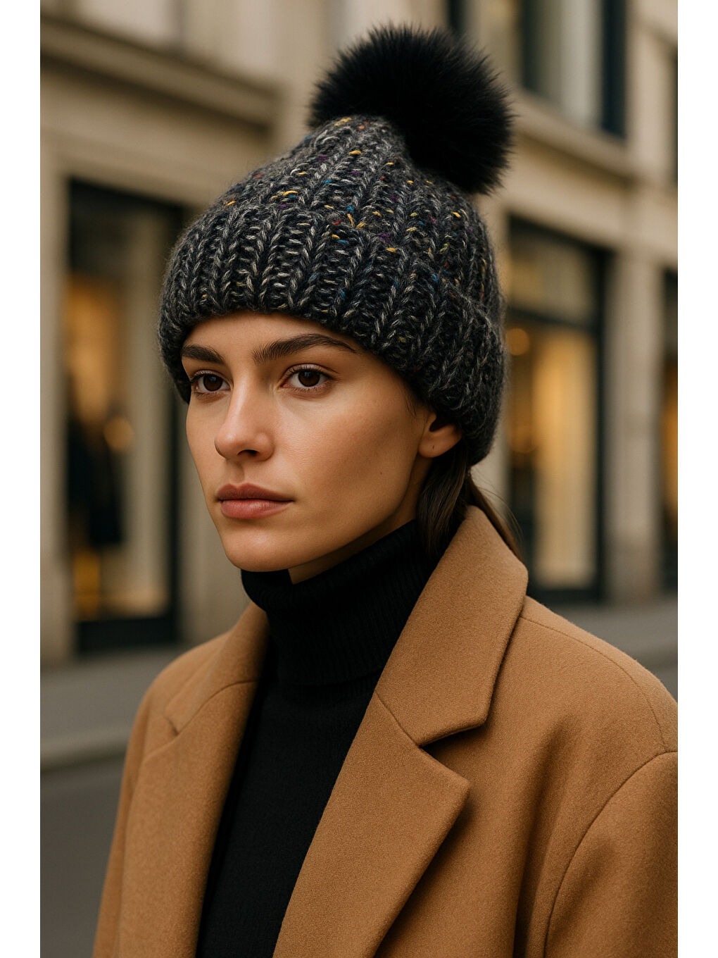 Kadın Siyah Ponponlu Yünlü Bere BERE1142-1