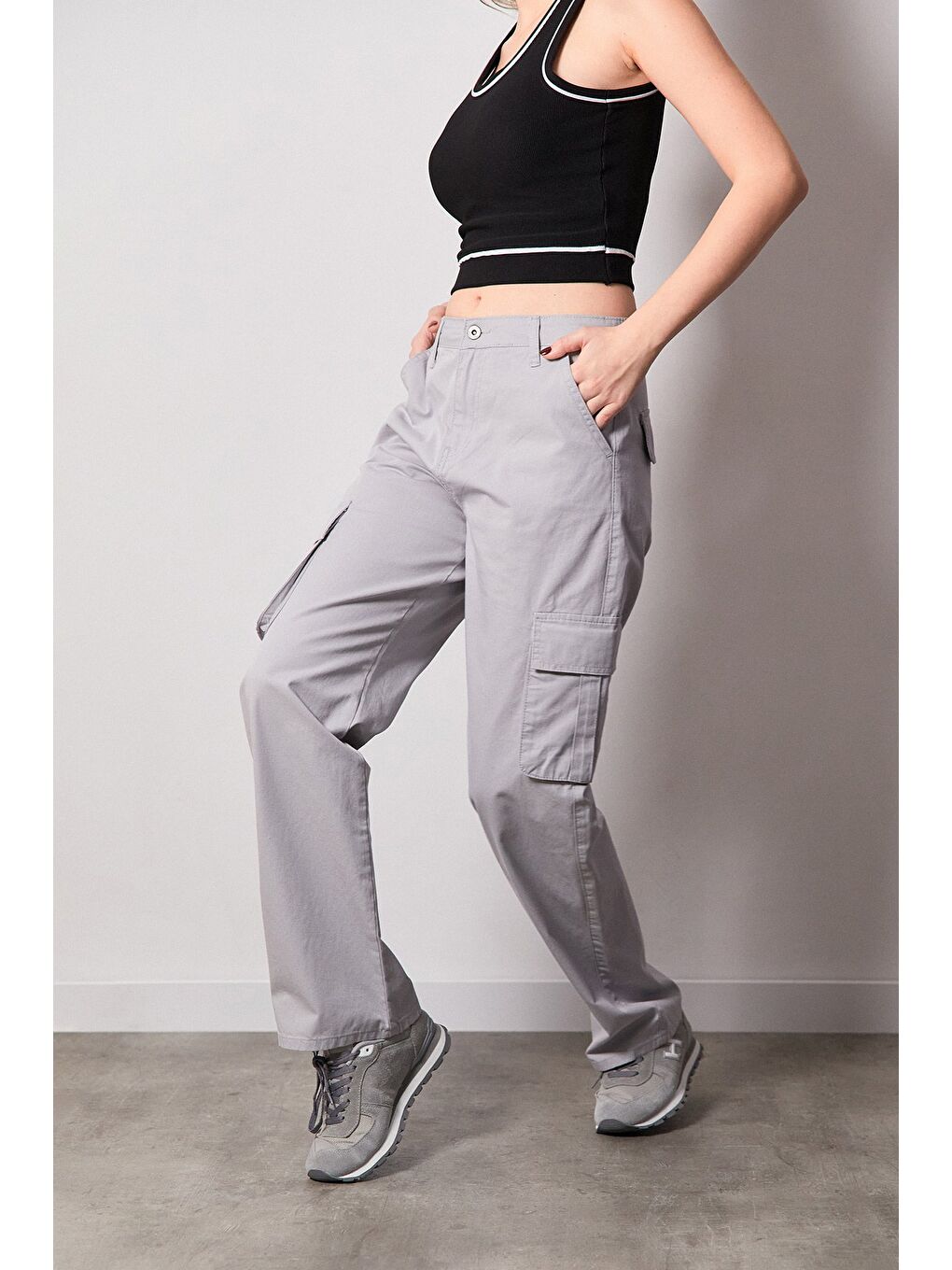 Gri Kargo Cepli Palazzo Gabardin Pantolon-1