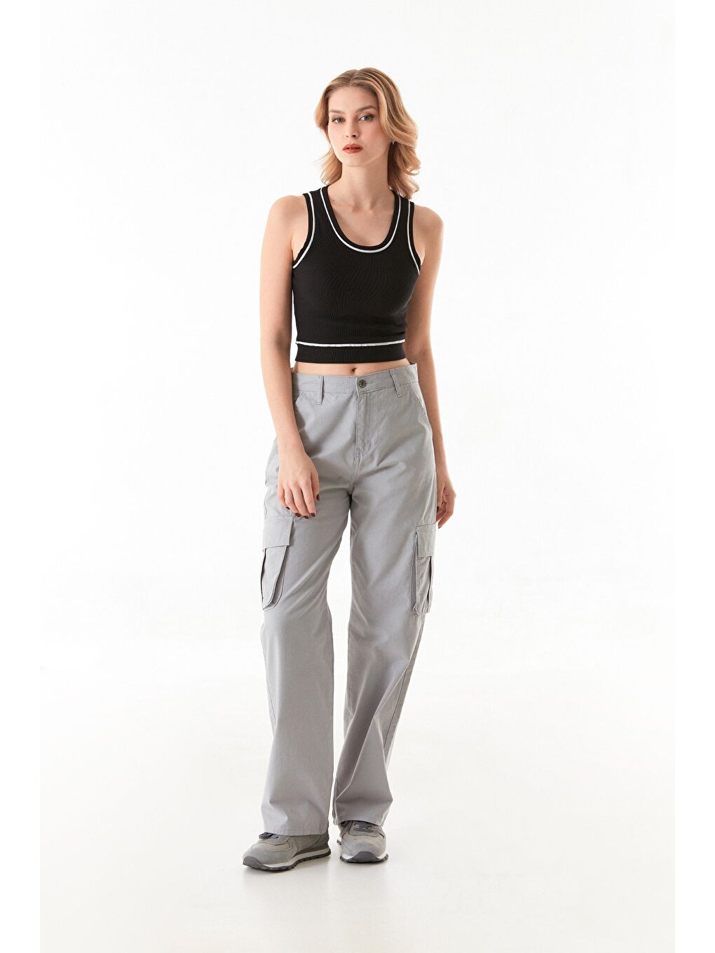 Gri Kargo Cepli Palazzo Gabardin Pantolon-2