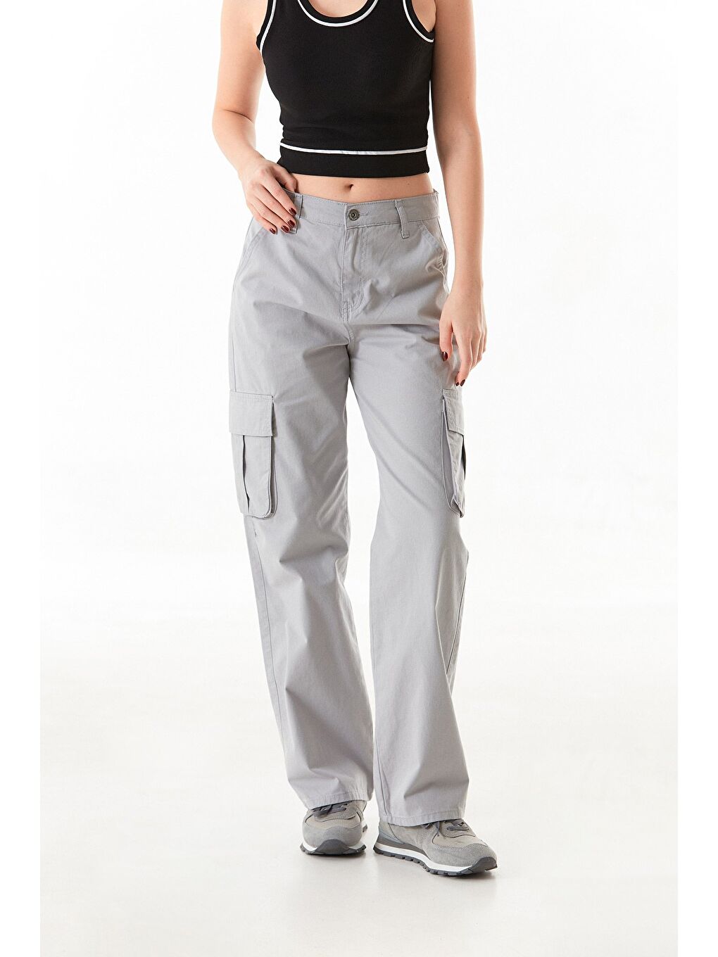 Gri Kargo Cepli Palazzo Gabardin Pantolon-3