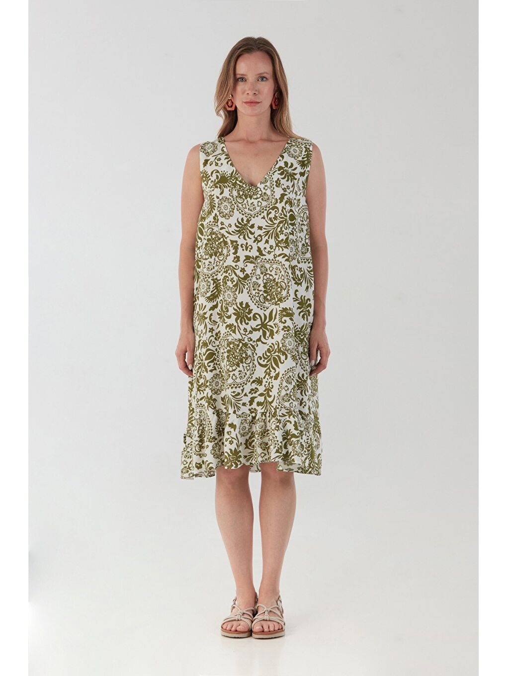 Haki Şal Desenli V Yaka Pileli Salaş Elbise-4