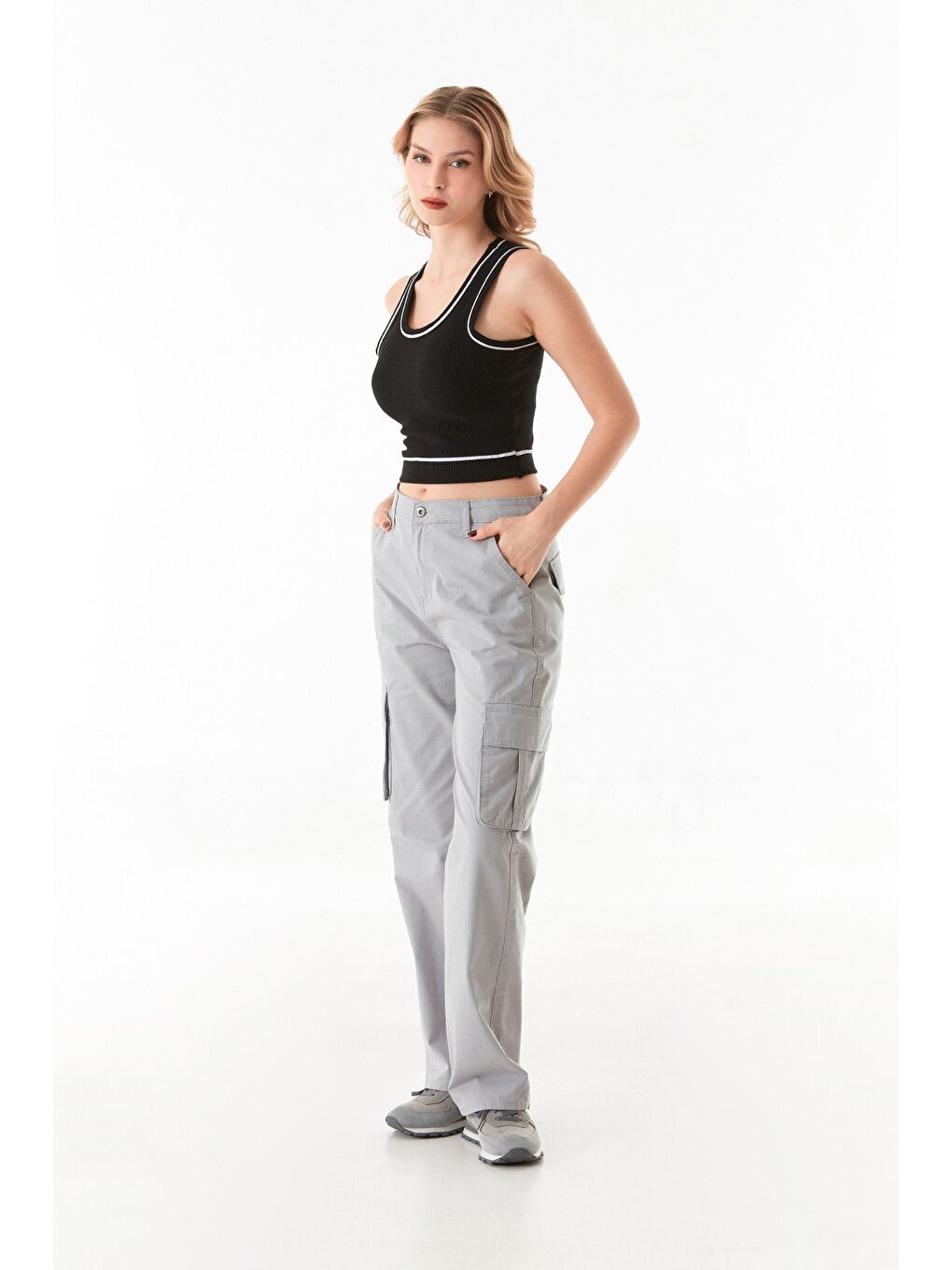 Gri Kargo Cepli Palazzo Gabardin Pantolon-4