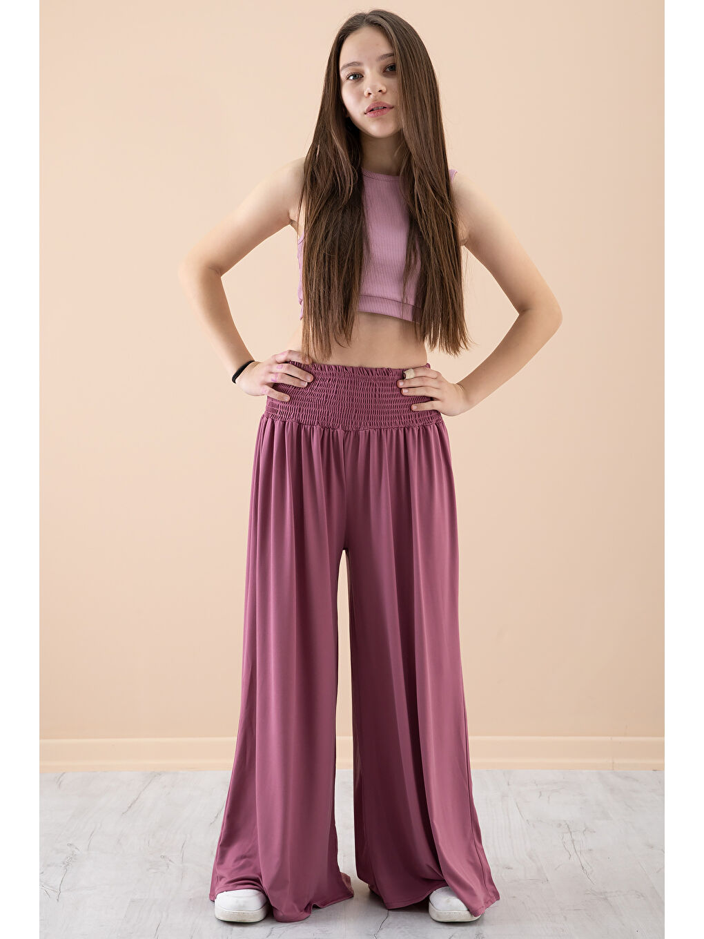 Pembe Gül Kurusu Fitilli Croplu Kız Çocuk Geniş Kesim Pantolonlu Takım 20383-1