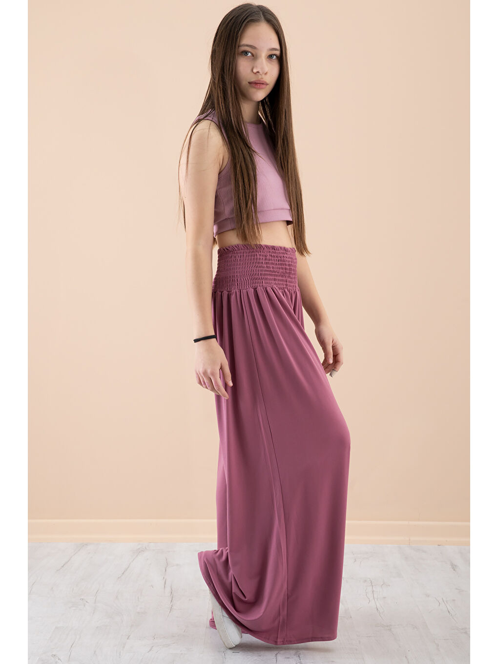 Pembe Gül Kurusu Fitilli Croplu Kız Çocuk Geniş Kesim Pantolonlu Takım 20383-2