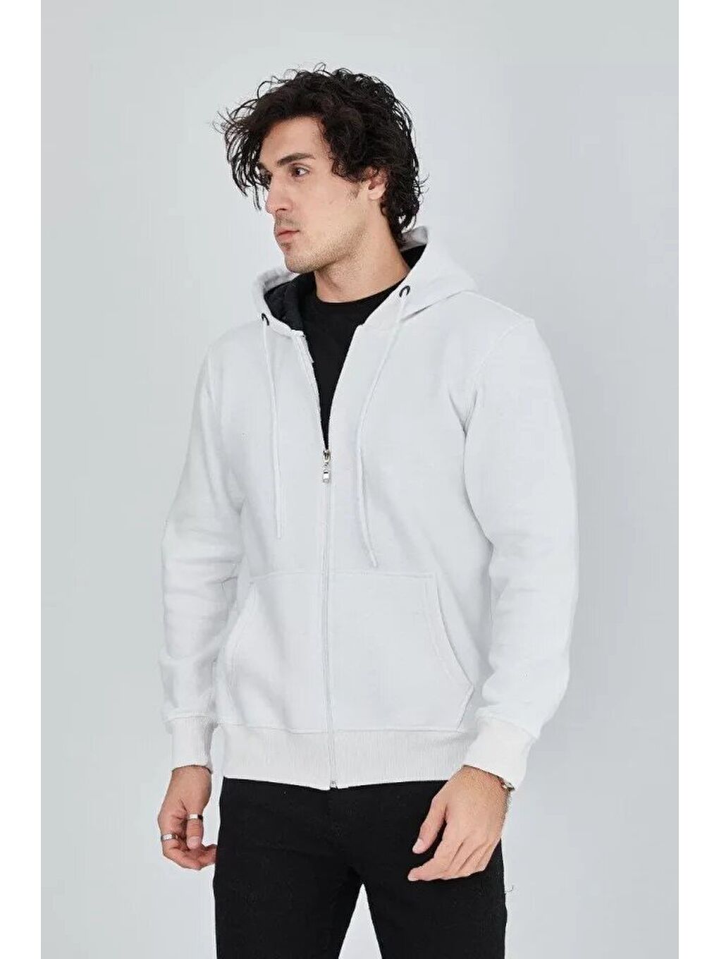 Erkek Kapüşonlu Düz Fermuarlı Hırka - Beyaz-1