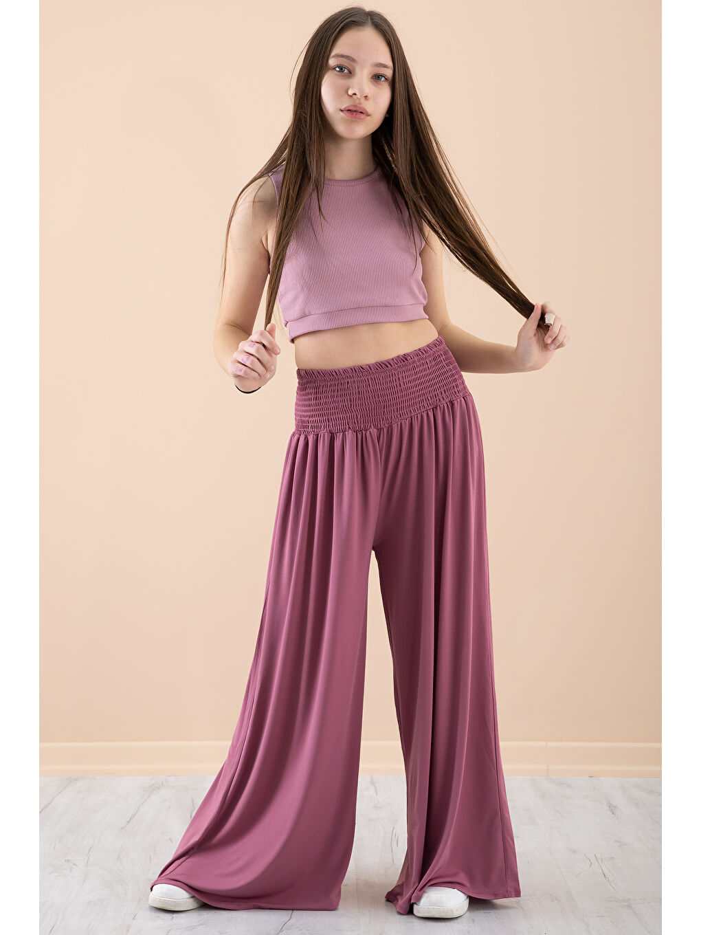 Pembe Gül Kurusu Fitilli Croplu Kız Çocuk Geniş Kesim Pantolonlu Takım 20383-3