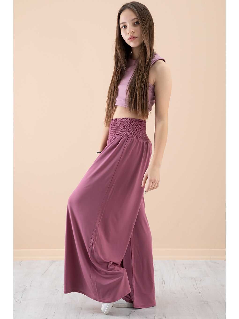 Pembe Gül Kurusu Fitilli Croplu Kız Çocuk Geniş Kesim Pantolonlu Takım 20383-4