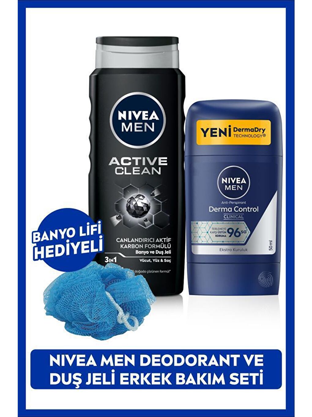 NIVEA Şeffaf MEN Erkek Stick Deodorant Derma Control Clinical 50ml ve Active Clean Duş Jeli 500ml, Lif Hediyeli