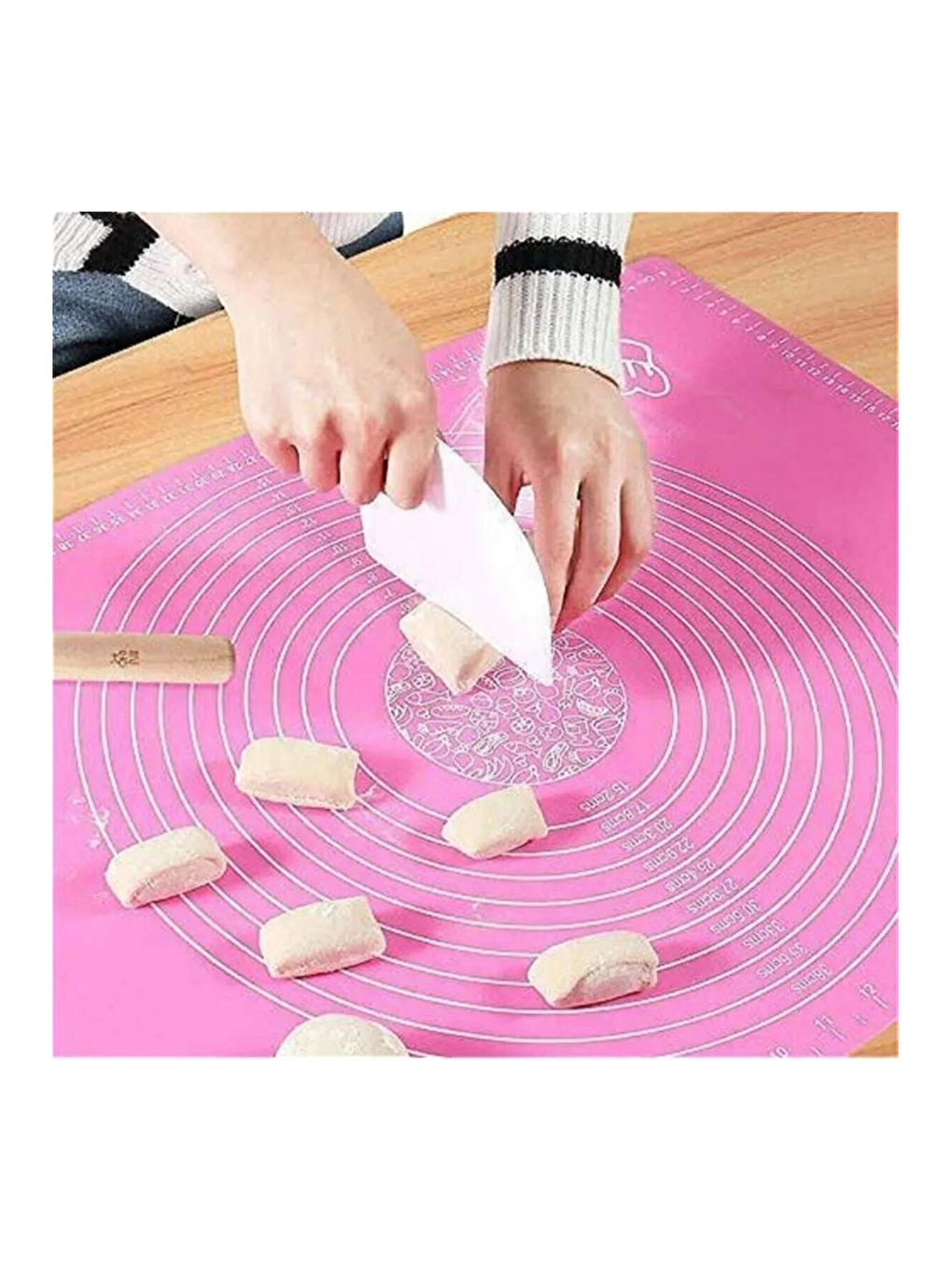 Pembe Silikon Ölçülü  Hamur Açma Matı 45x65 cm ve Çelik Un Eleği-6