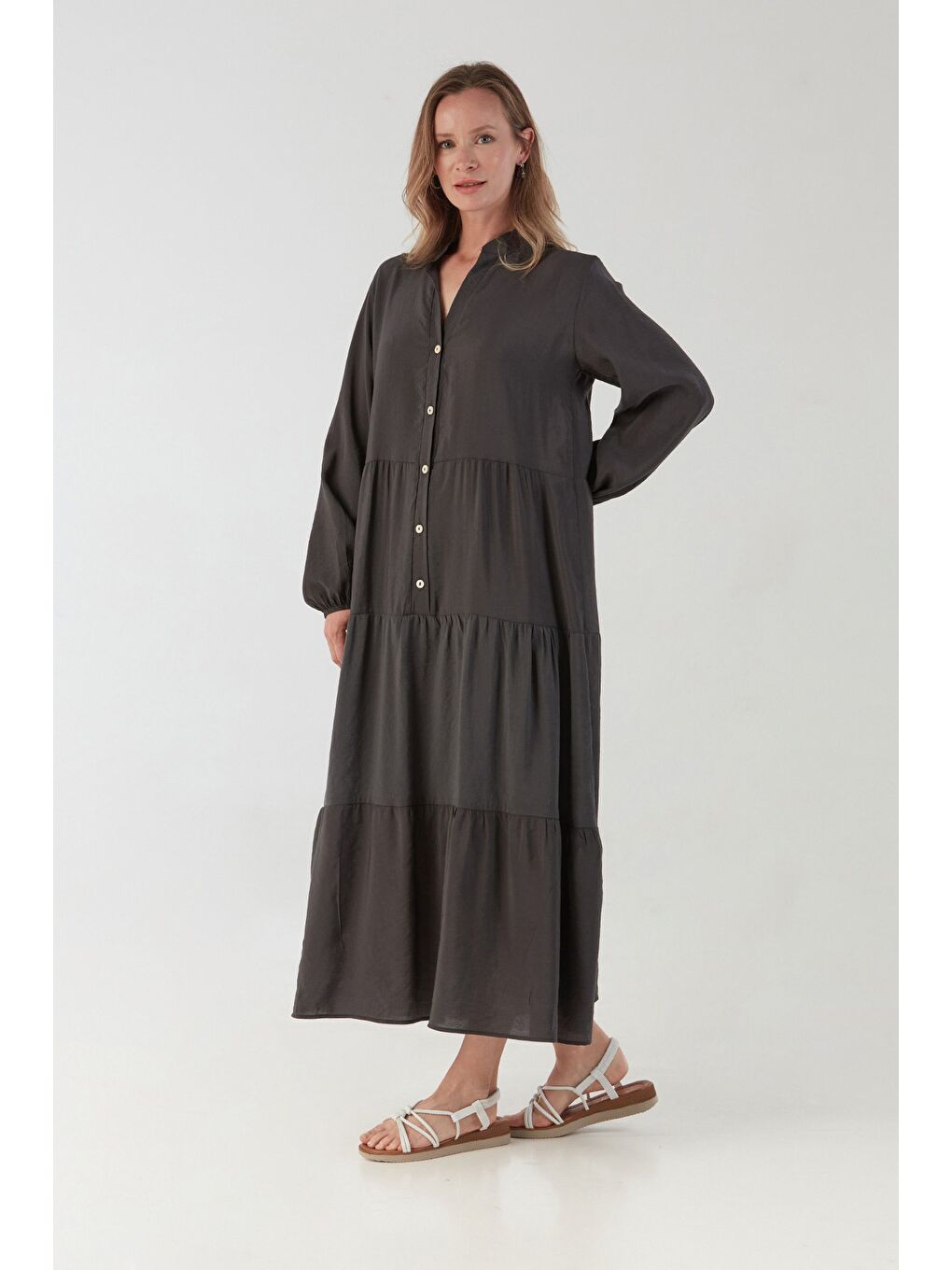 Gri Fullamodest Kolları Lastikli Dik Yaka Elbise-2