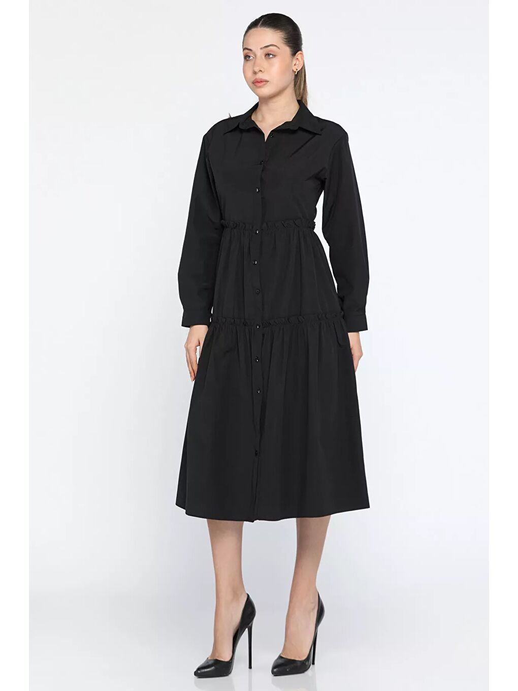 Siyah Boydan Düğmeli Elbise-2