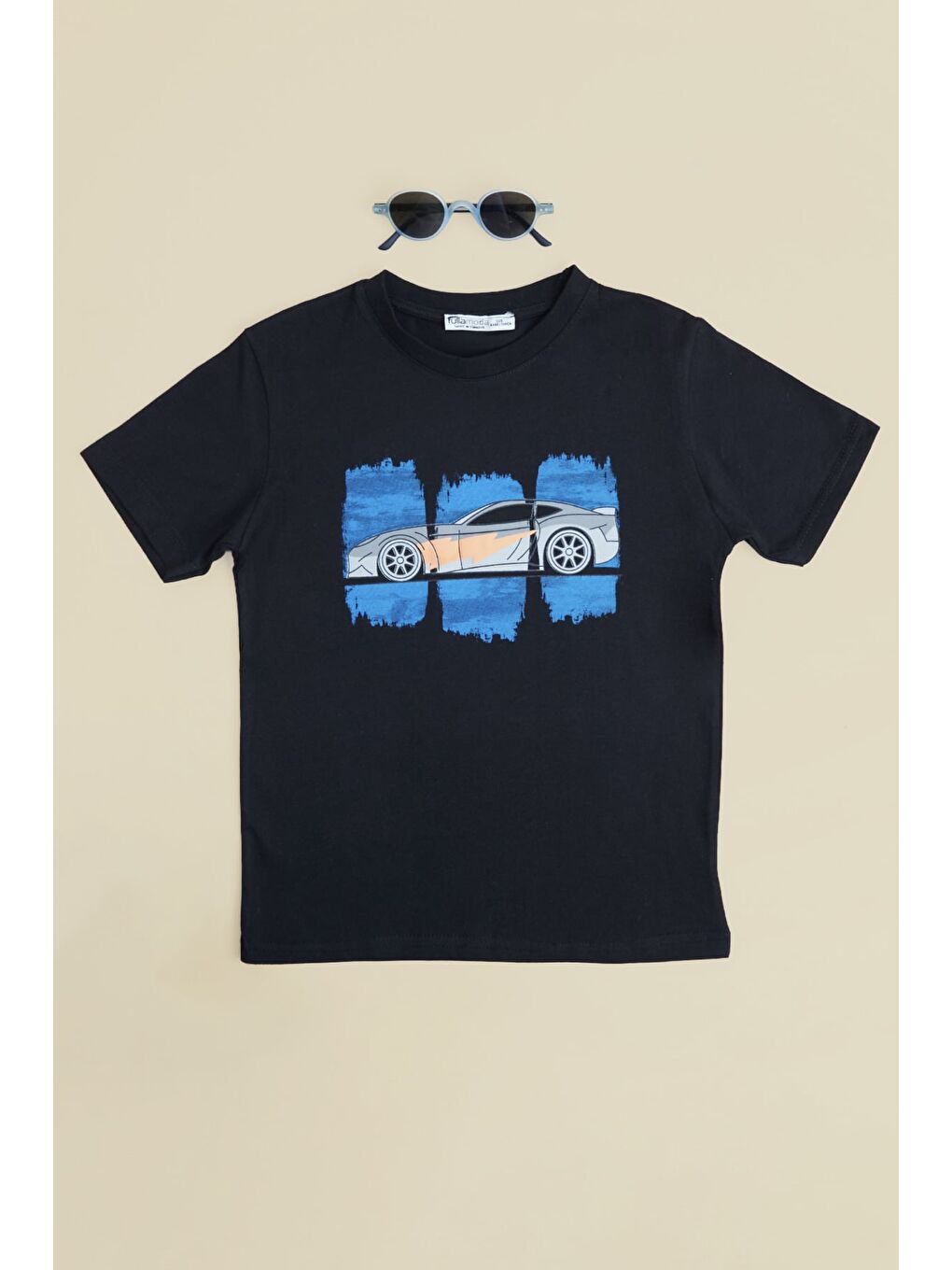 Siyah Araba Baskılı Bisiklet Yaka Erkek Çocuk Tişört