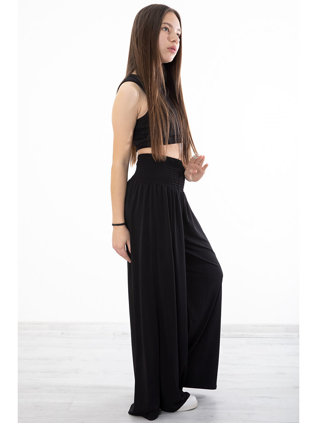 Siyah Fitilli Croplu Kız Çocuk Geniş Kesim Pantolonlu Takım 20380-3