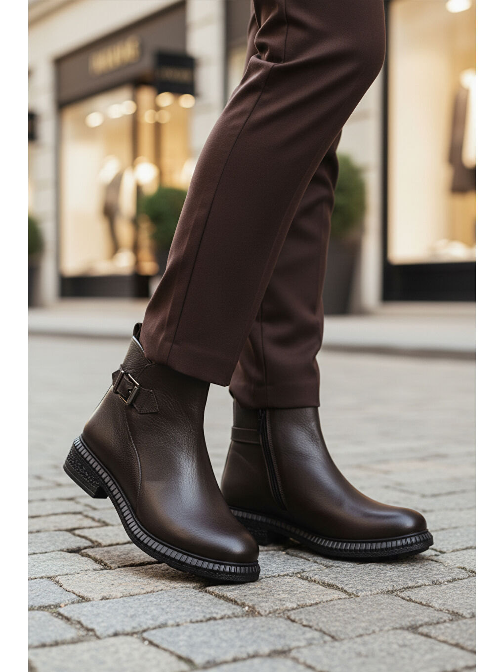 Kahverengi Kahve Hakiki Deri İçi Polarlı Kaymaz Kadın Bot 20913-1 Z-2