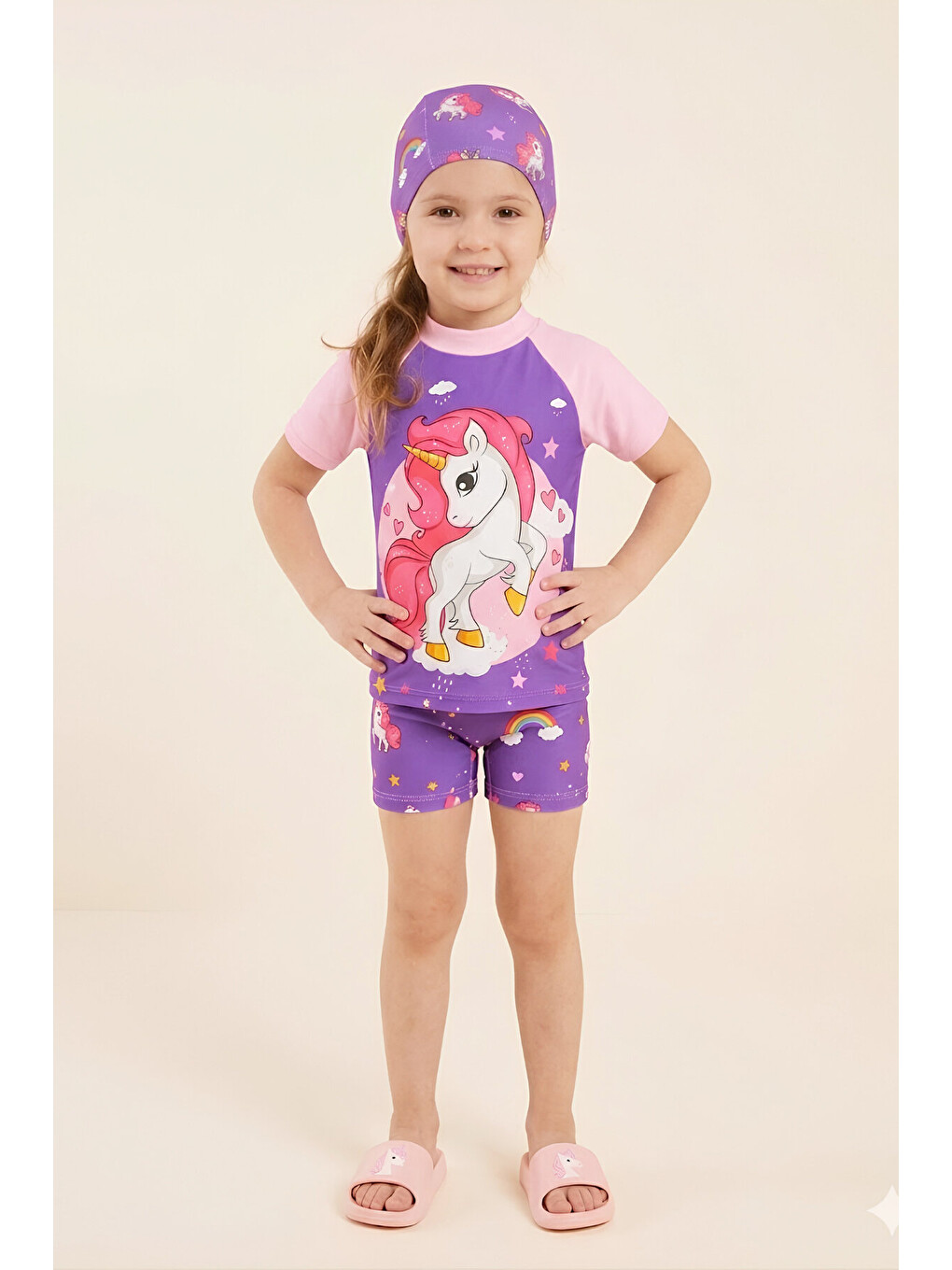 Lila Kız Çocuk Tulum Tarz Boneli Mayo Takımı (Mayo+Bone) 2-8 Yaş 12677N