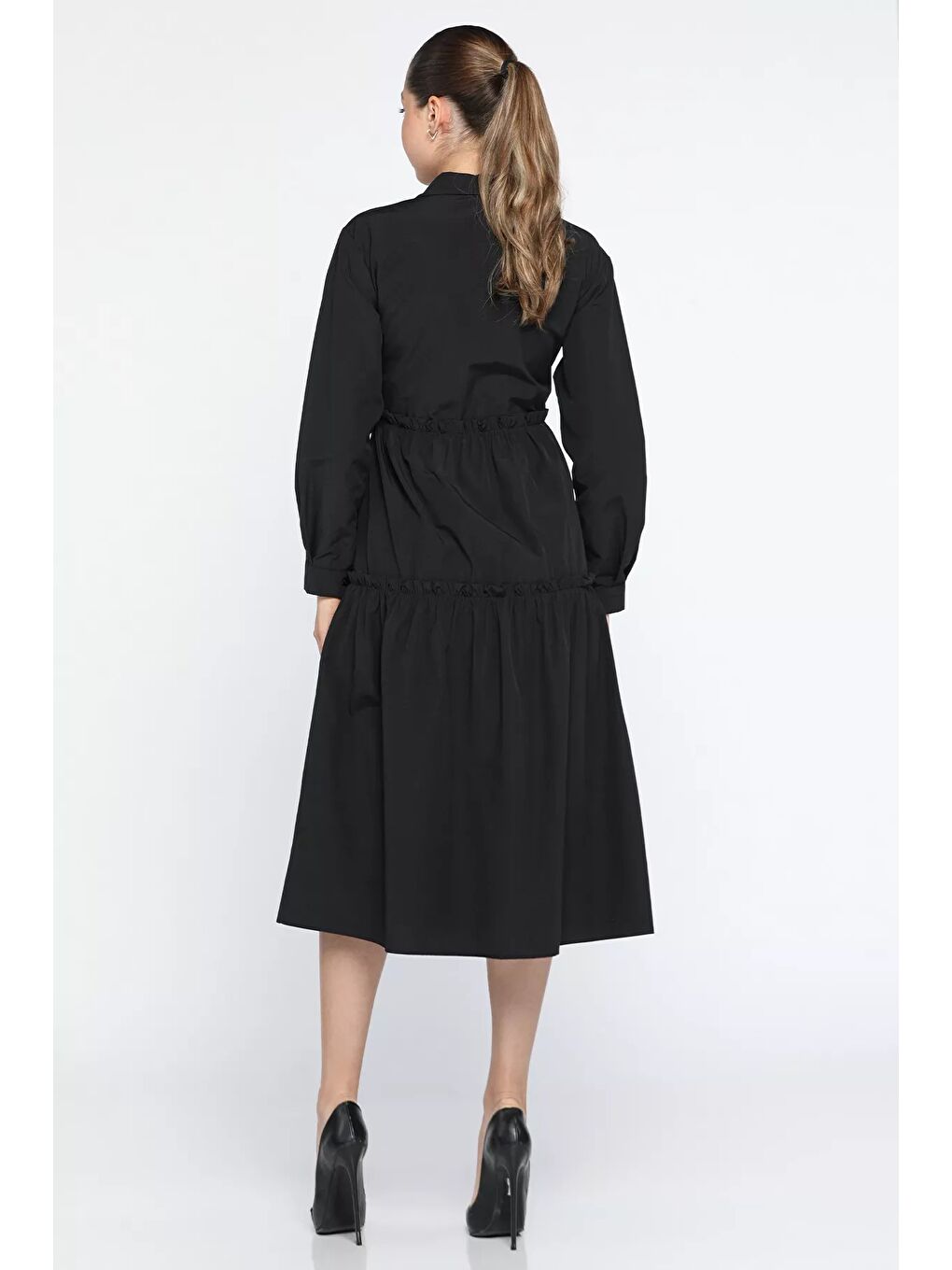 Siyah Boydan Düğmeli Elbise-3