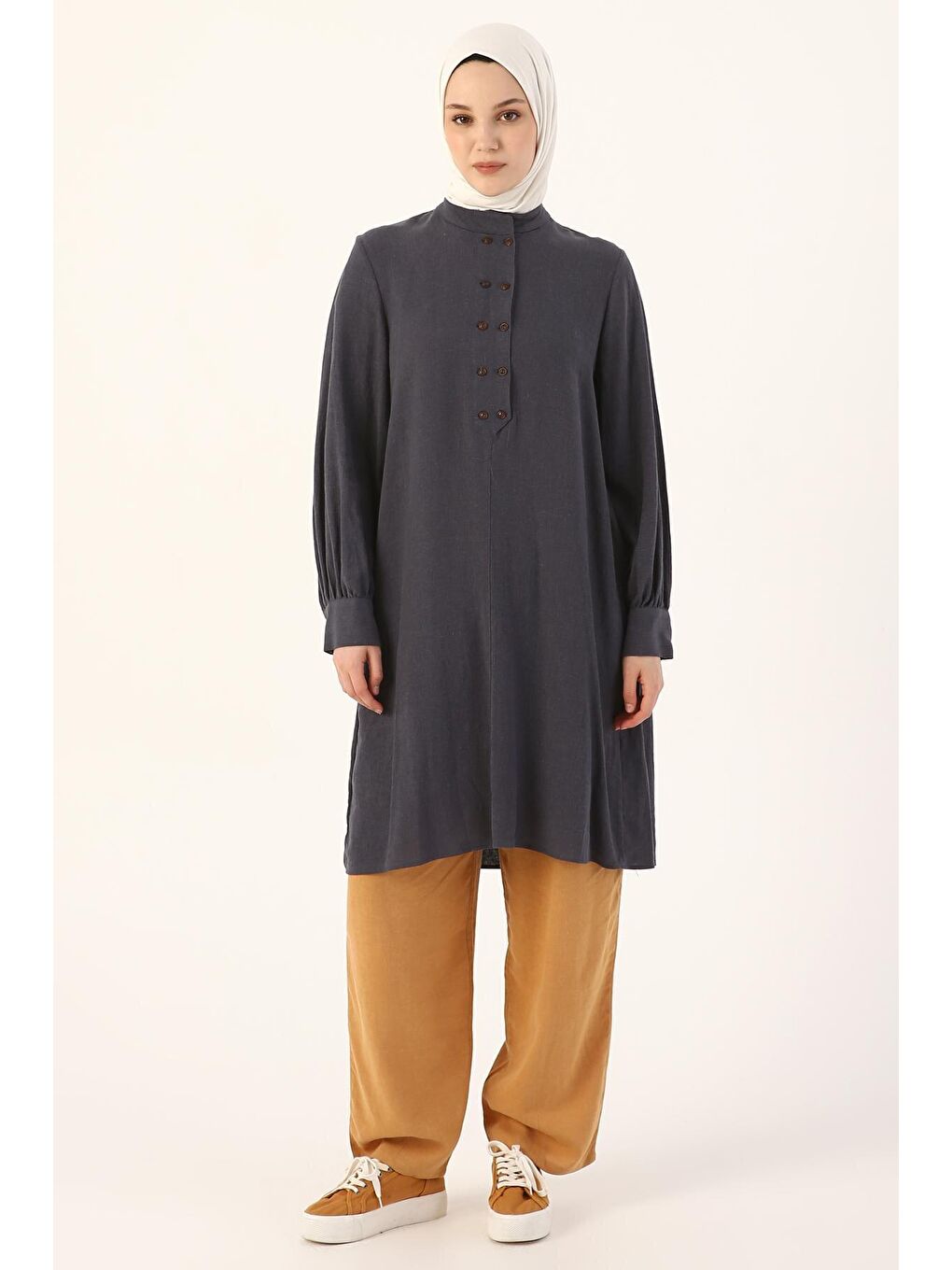 İndigo Hakim Yaka Çift Düğmeli Keten Tunik-1