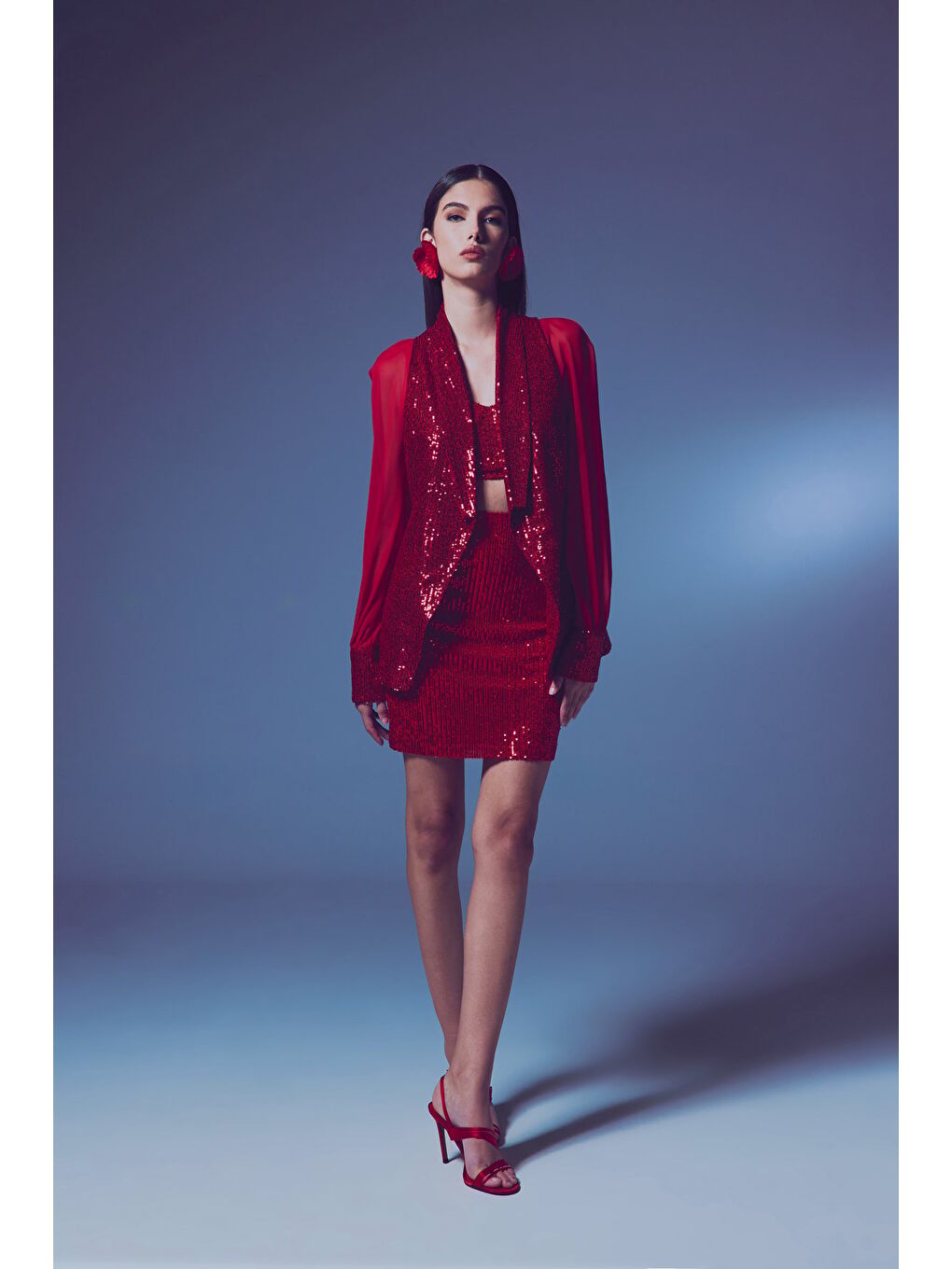 Şifon Kollu Payet Ceket - Kırmızı-1