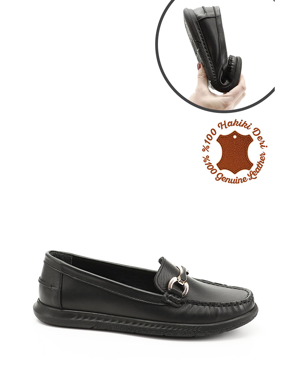 Mor Kadın ZÜMRÜT-SİYAH Tokalı Rok Hakiki Deri Comfort Loafer