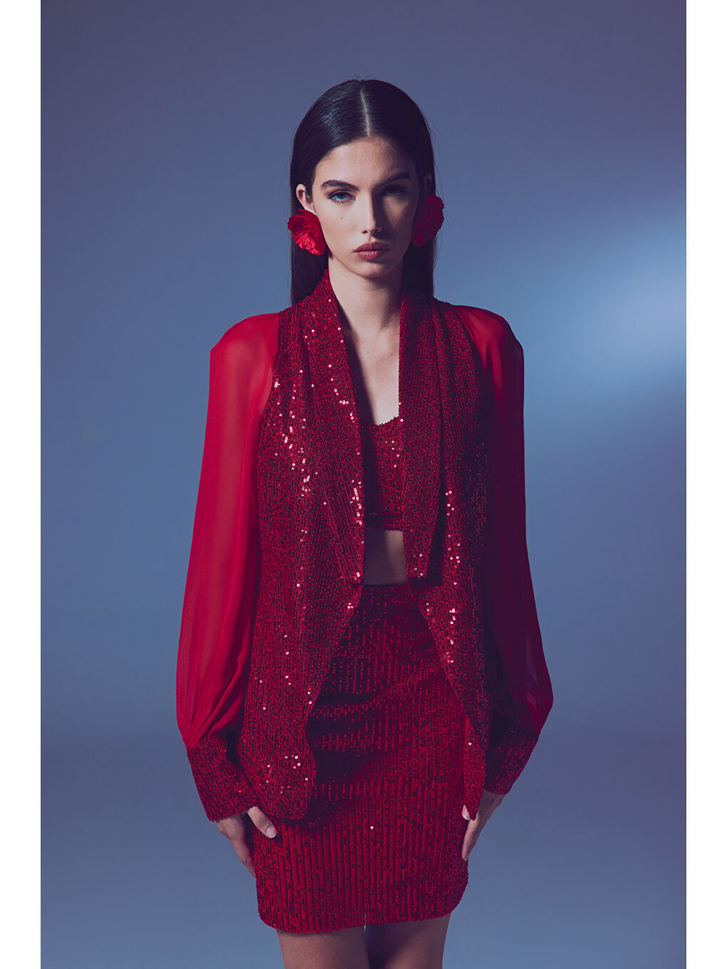 Şifon Kollu Payet Ceket - Kırmızı-2