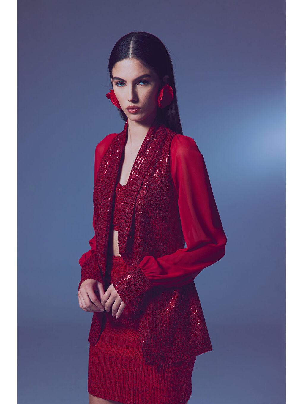 Şifon Kollu Payet Ceket - Kırmızı-3