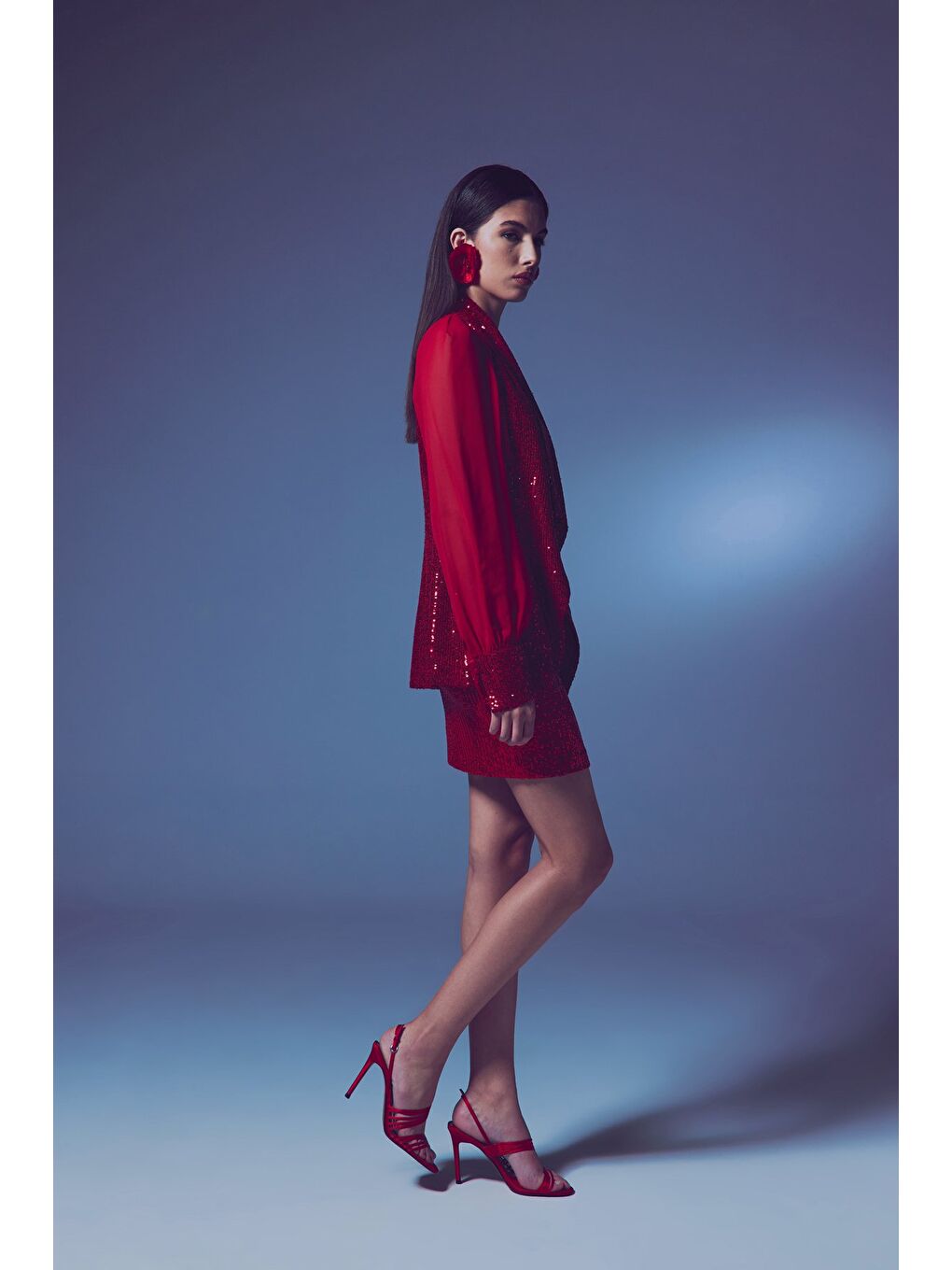 Şifon Kollu Payet Ceket - Kırmızı-4