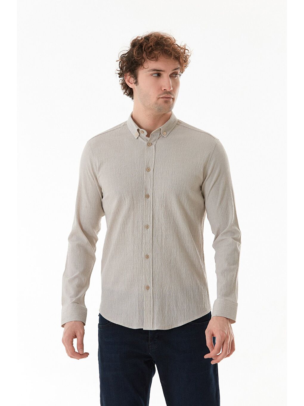 Bej Krinkıl Kumaş Düğmeli Gömlek