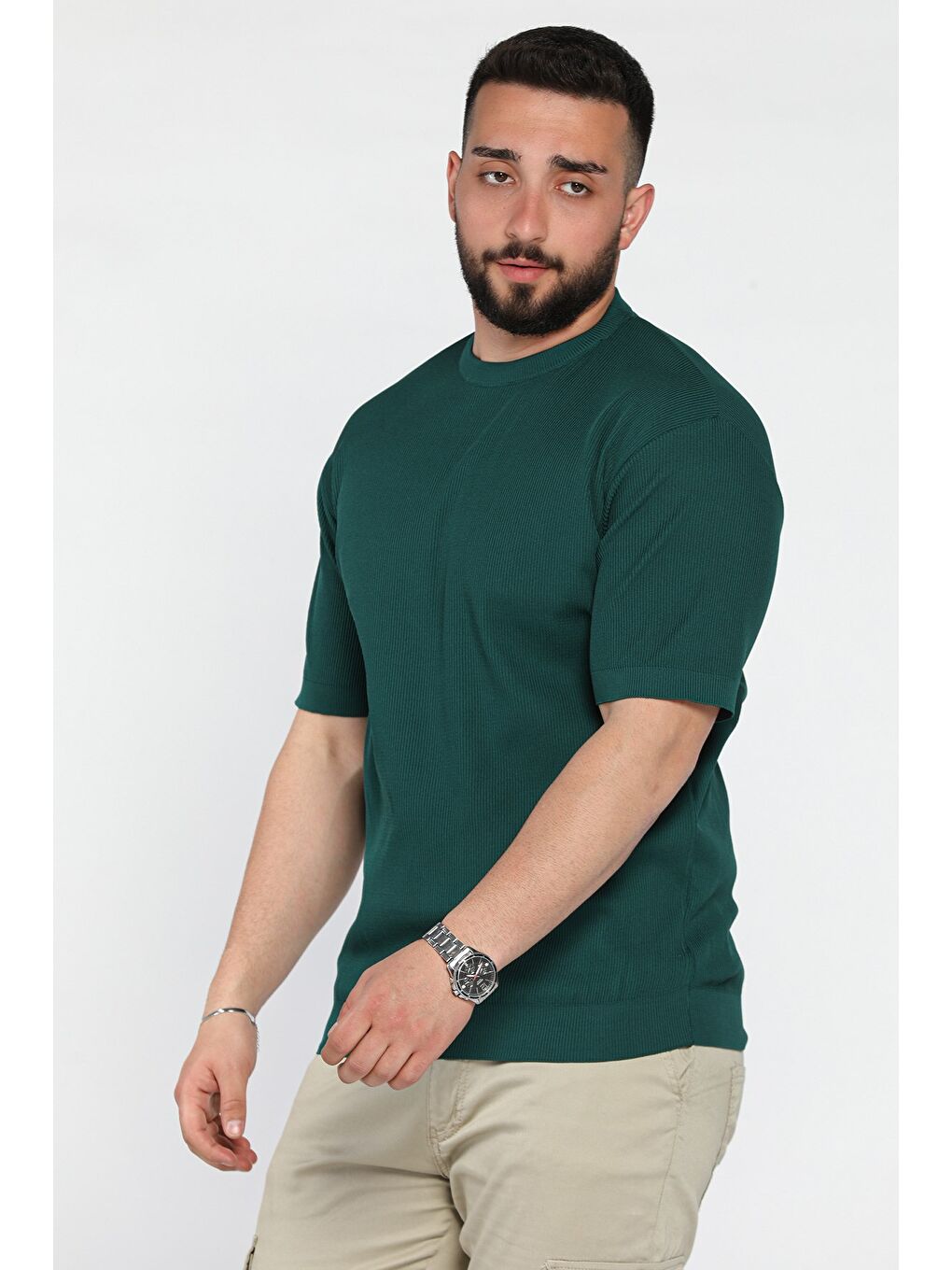 Yeşil Erkek Bisiklet Yaka Fitilli Tişört-1