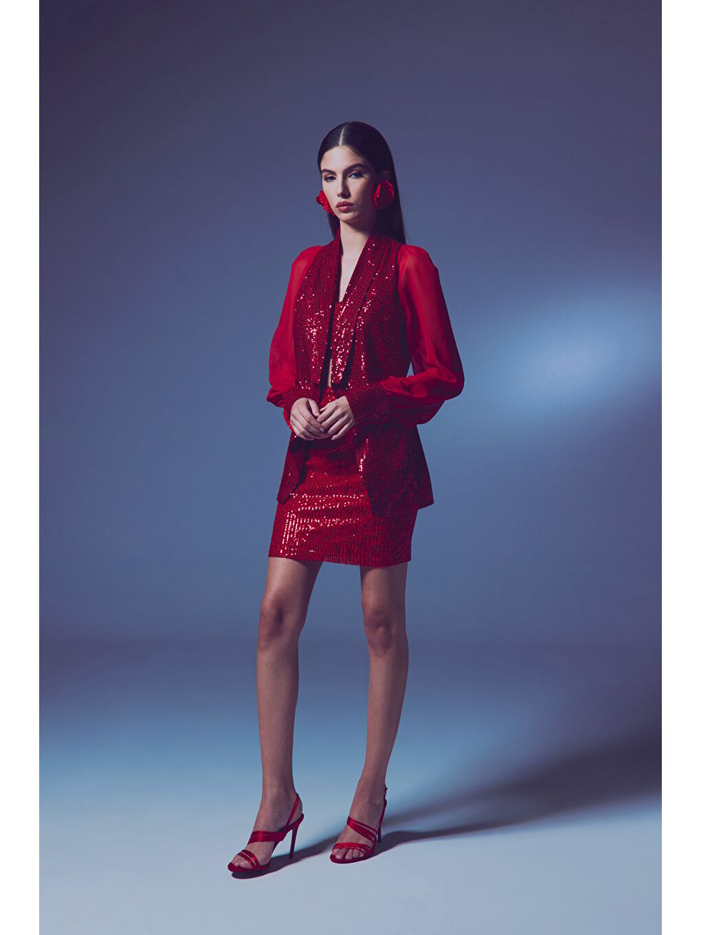 Şifon Kollu Payet Ceket - Kırmızı-5