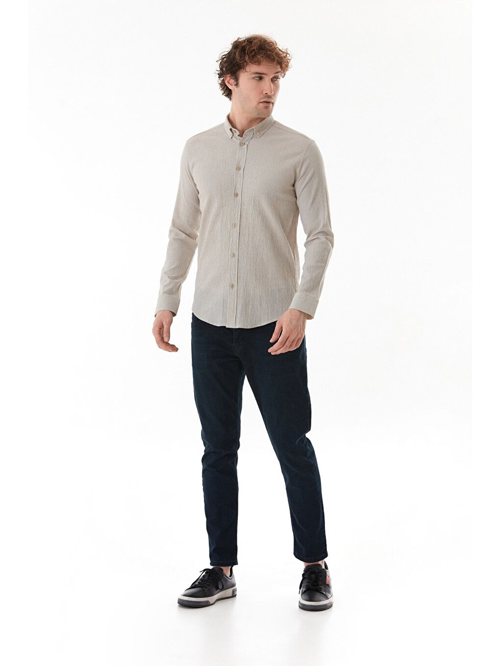 Bej Krinkıl Kumaş Düğmeli Gömlek-1