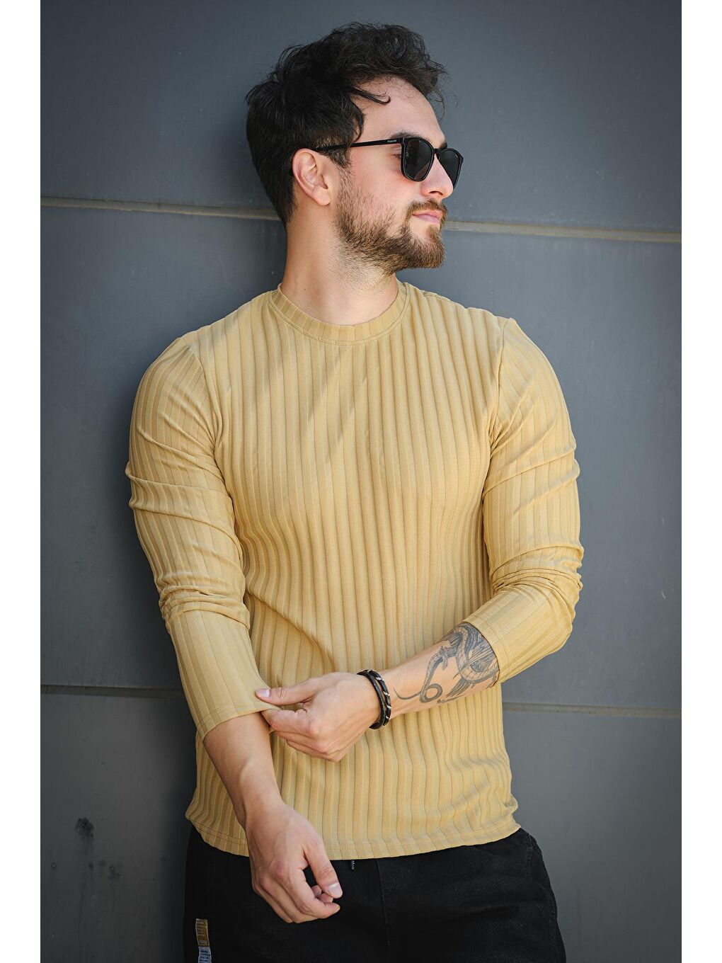 Kahverengi Jordao Fitilli Slim Fit Elastanlı Bisiklet Yaka Erkek Uzun Kol Tshirt