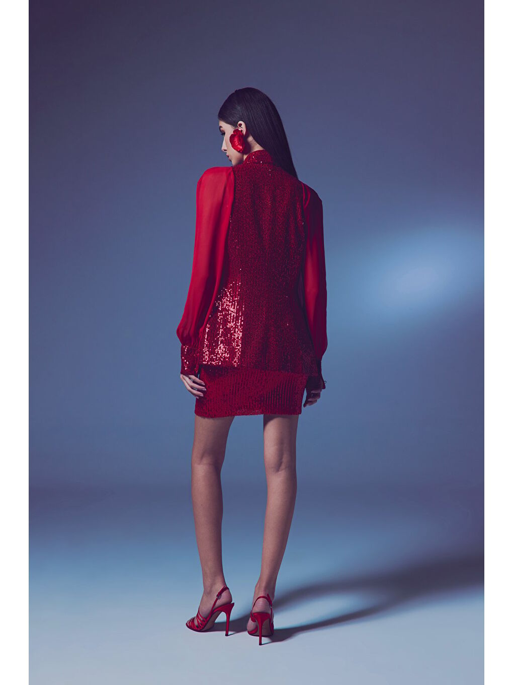 Şifon Kollu Payet Ceket - Kırmızı-6