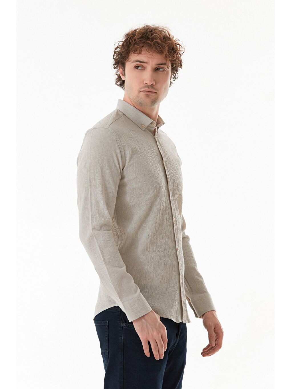 Bej Krinkıl Kumaş Düğmeli Gömlek-2