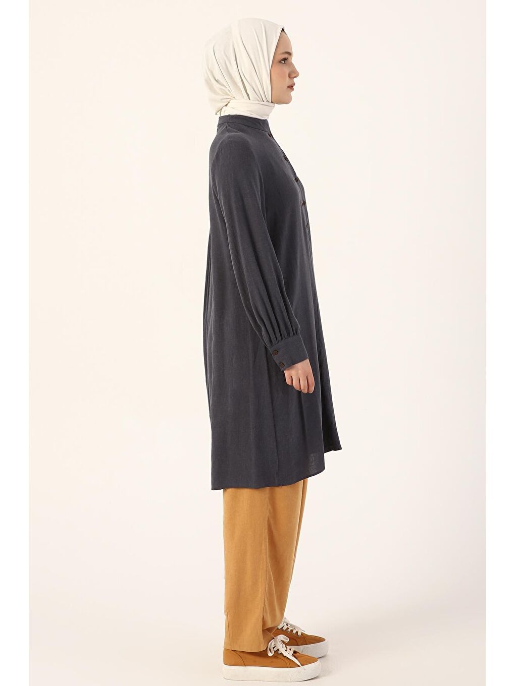 İndigo Hakim Yaka Çift Düğmeli Keten Tunik-2