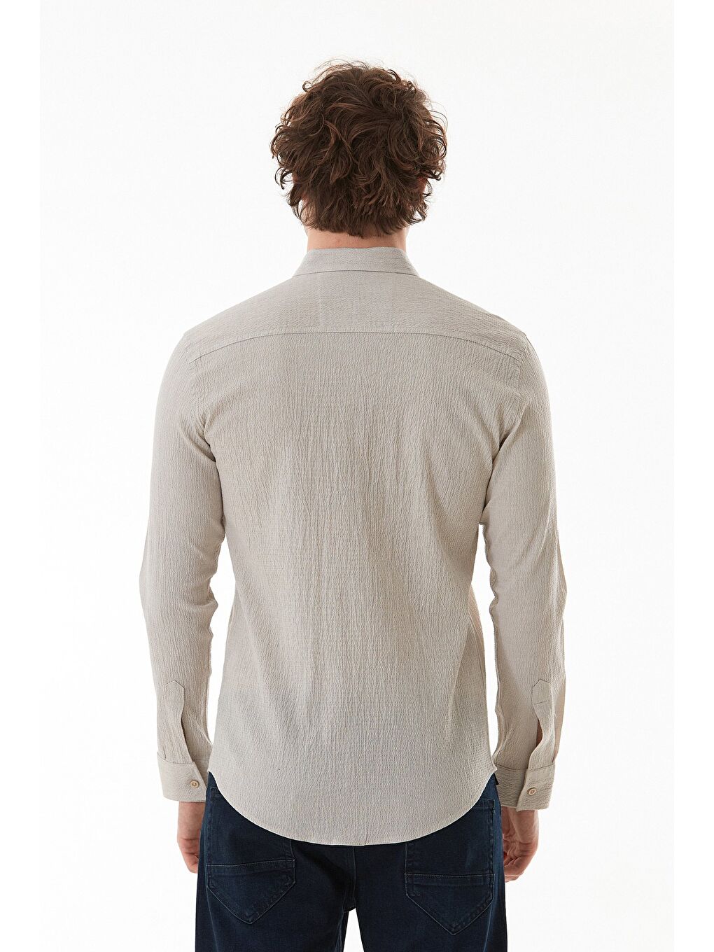 Bej Krinkıl Kumaş Düğmeli Gömlek-3