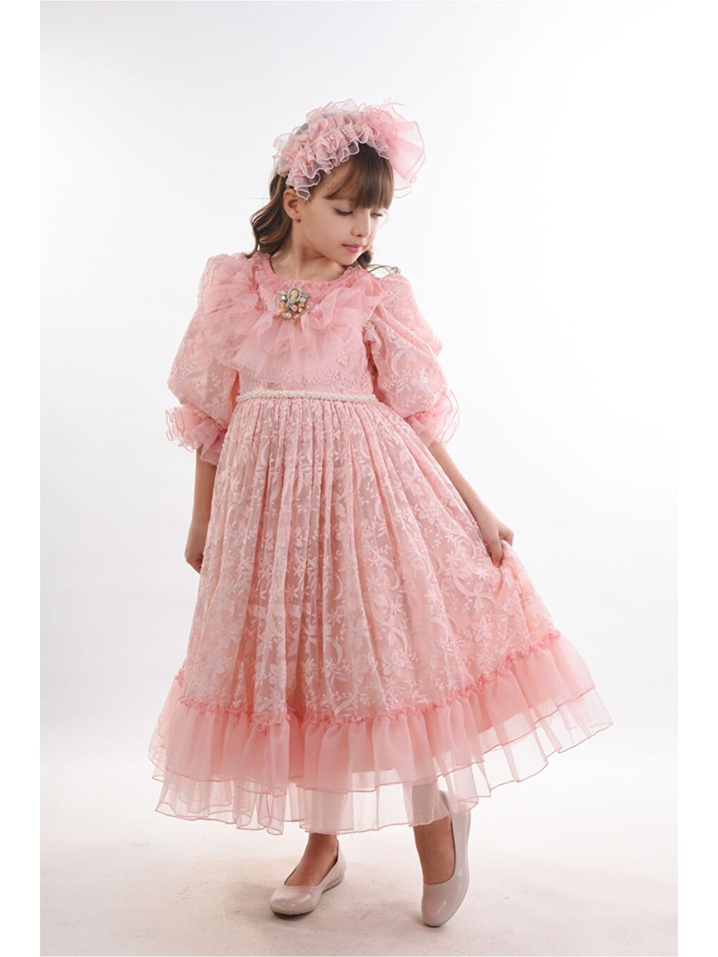 Pembe Özel Tasarım Kız Çocuk Abiye Elbise ,Taç Aksesuarlı, Yaka Detaylı Uzun Kız Çocuk Elbisesi-2