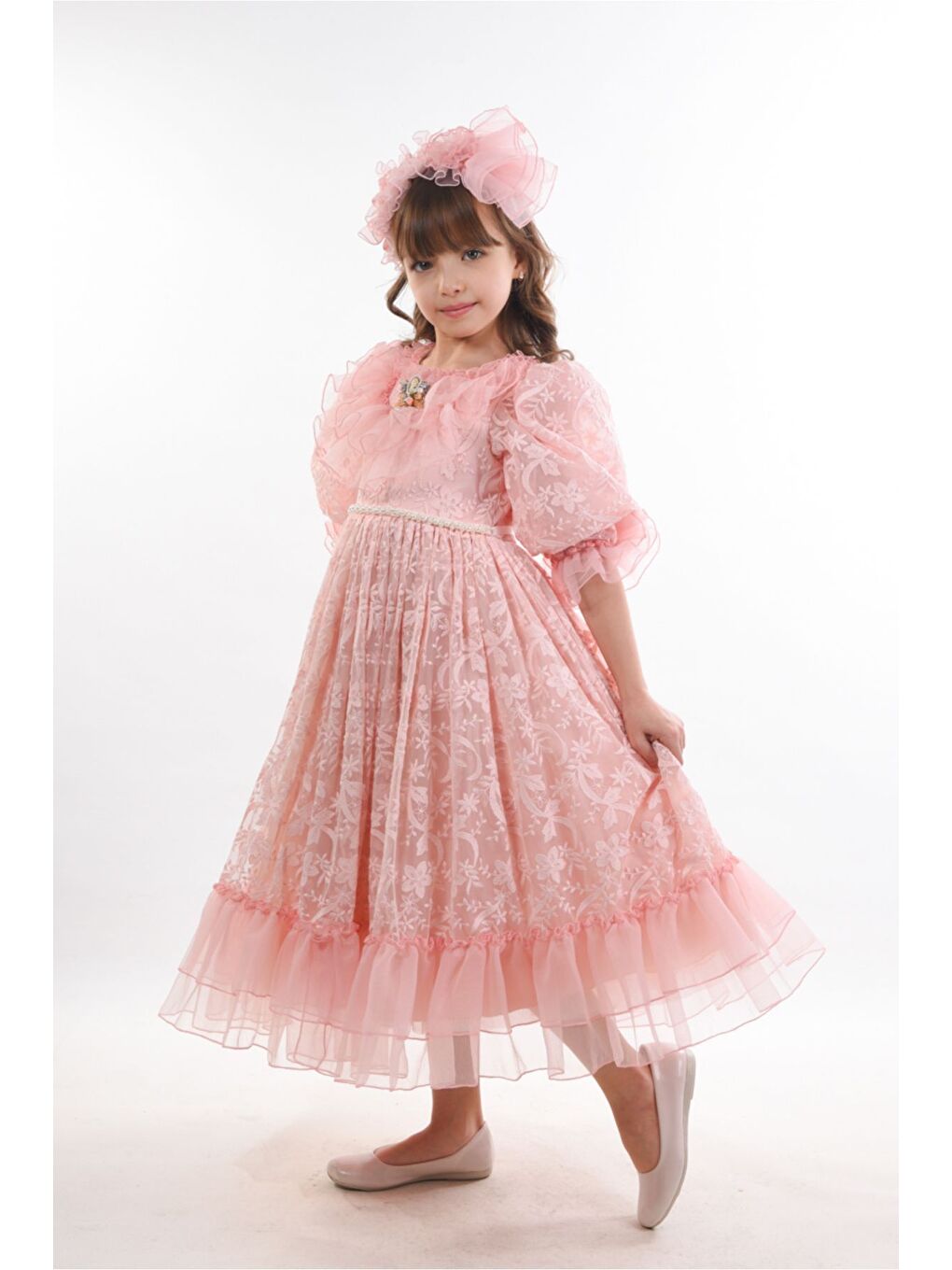 Pembe Özel Tasarım Kız Çocuk Abiye Elbise ,Taç Aksesuarlı, Yaka Detaylı Uzun Kız Çocuk Elbisesi-3