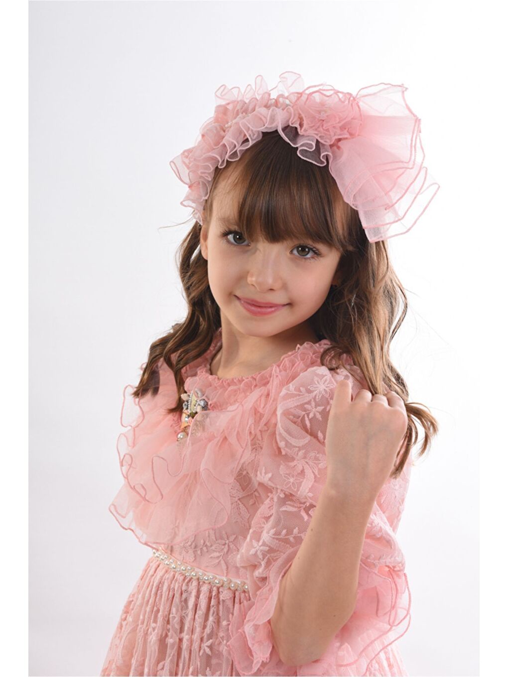 Pembe Özel Tasarım Kız Çocuk Abiye Elbise ,Taç Aksesuarlı, Yaka Detaylı Uzun Kız Çocuk Elbisesi-4