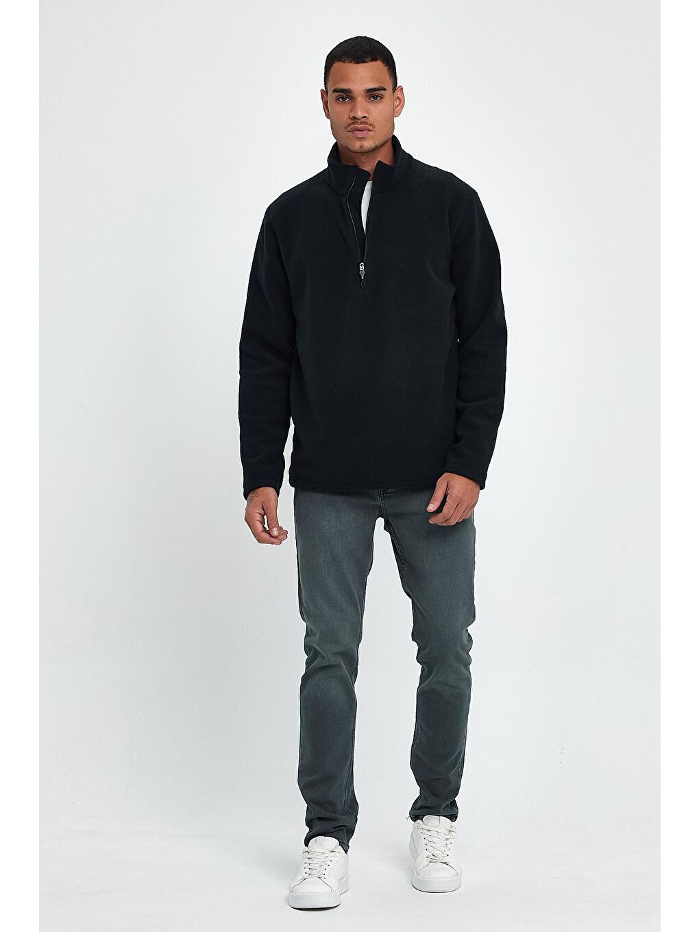 Siyah Erkek Rahat Kalıp Softech Polar Yarım Fermuarlı Sweatshırt spr24pw20