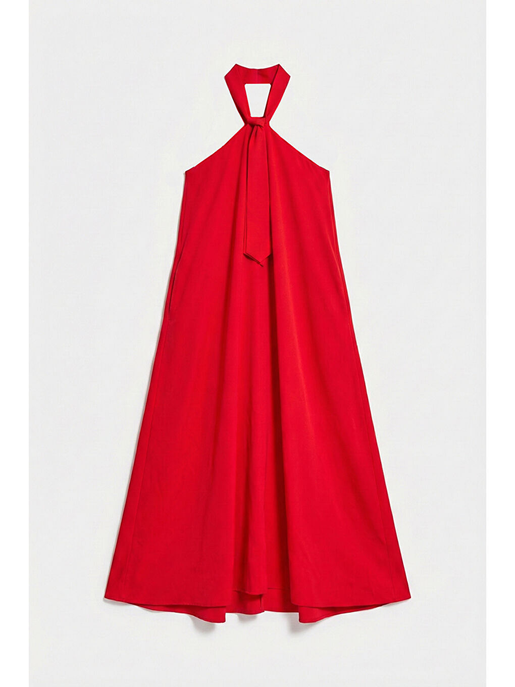 Kırmızı Kadın Kırmız Renk Bol Kesim Kravat Detaylı Boyundan Bağlamalı Tasarım Elbise-3