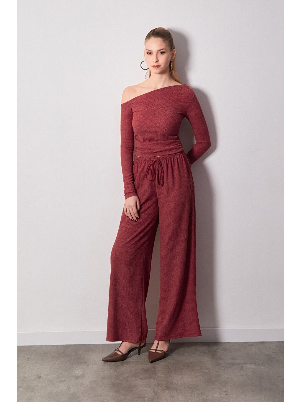 Bordo Beli Lastikli Bürümcük Kumaş Palazzo Pantolon