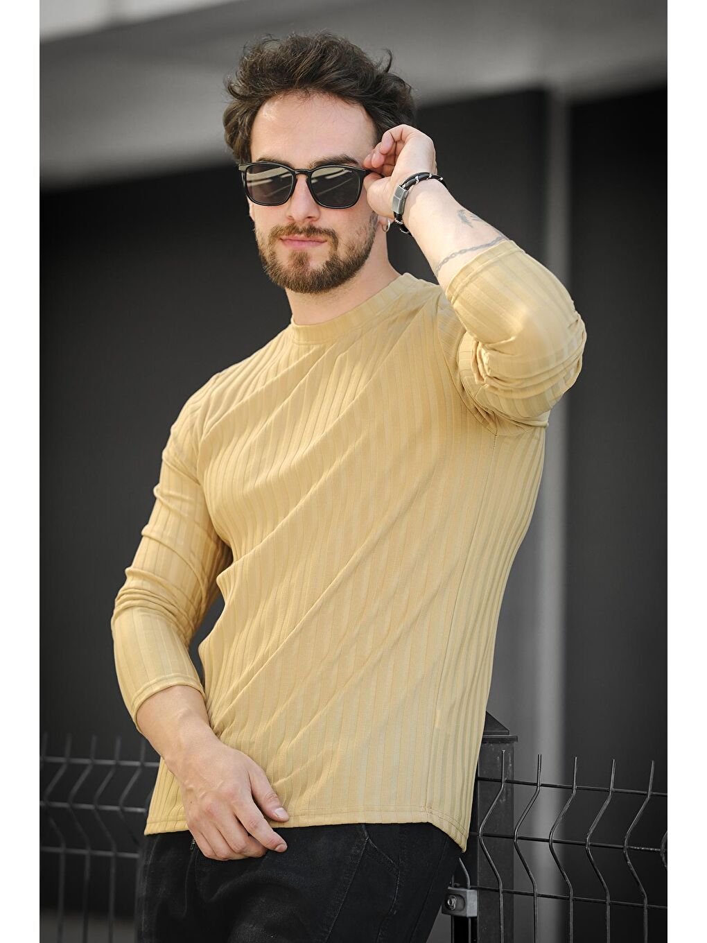 Kahverengi Jordao Fitilli Slim Fit Elastanlı Bisiklet Yaka Erkek Uzun Kol Tshirt-2