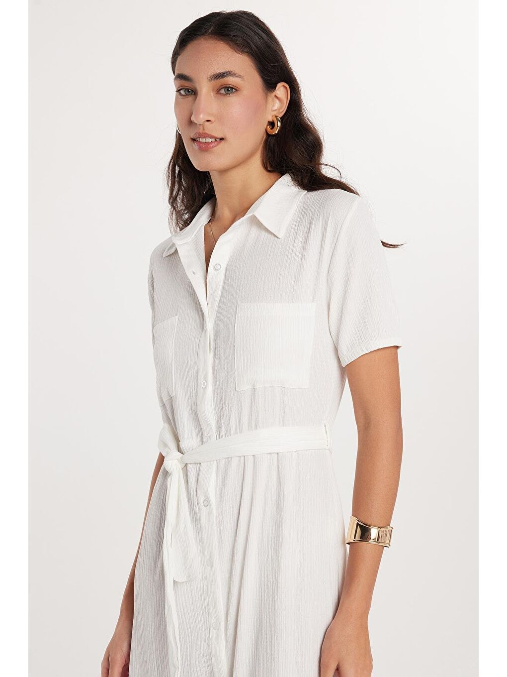 Ekru Kadın Regular Fit Uzun Kollu Klasik Yaka Düğmeli Beyaz Elbise-1