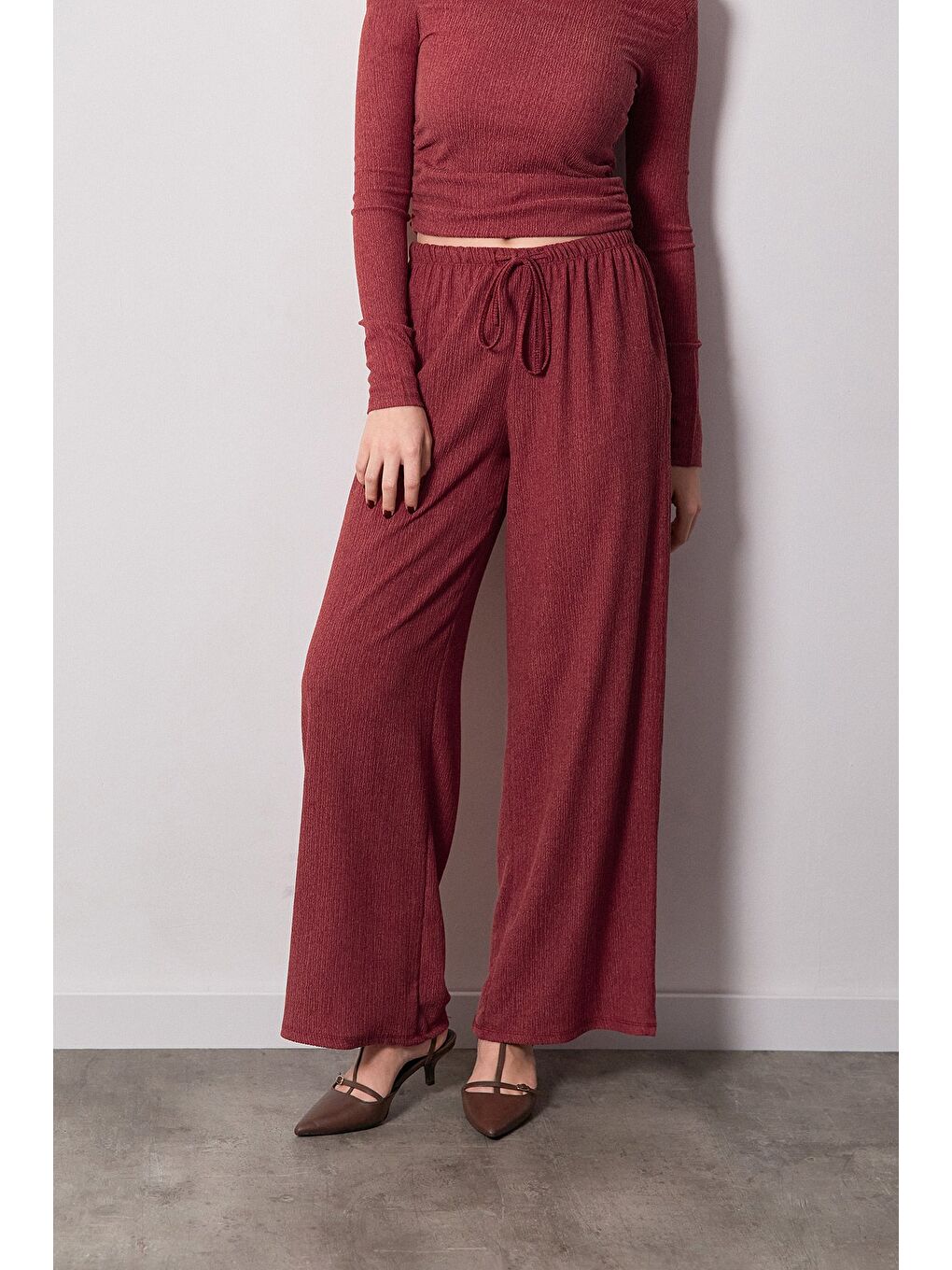 Bordo Beli Lastikli Bürümcük Kumaş Palazzo Pantolon-1