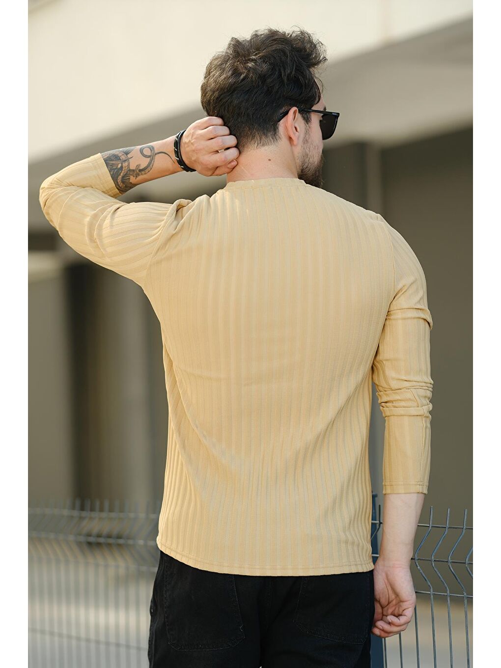 Kahverengi Jordao Fitilli Slim Fit Elastanlı Bisiklet Yaka Erkek Uzun Kol Tshirt-3